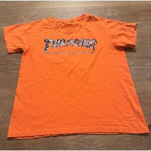 Vintage 90s Thrasher Magazine Print Shirt Mens Small Orange Skateboarding Skater